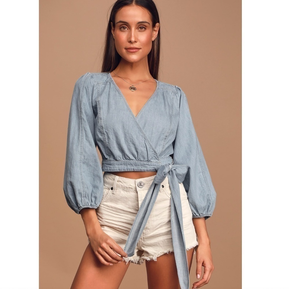 Free People Sophie Light Wash Denim Balloon Sleeve Wrap Crop Top